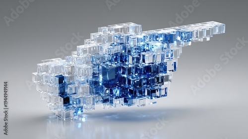Abstract geometric arrow shape constructed with blue and clear transparent cubes