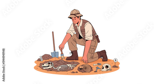 Archaeologist Discovering Ancient Fossil During Excavation in Desert Archaeology Site Flat Vector Illustration