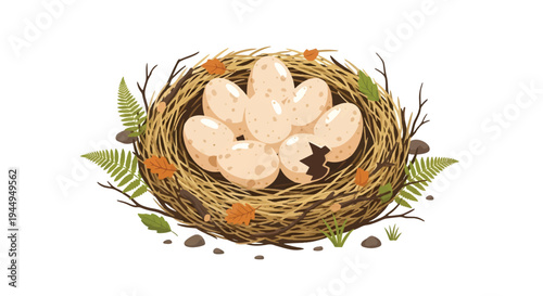 Dinosaur Eggs in Prehistoric Nest with Leaves and Twigs Paleontology Illustration