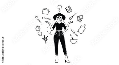 Vector illustration of stressed woman surrounded by kitchen utensils and ingredients