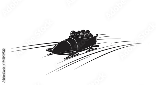 A stylized black bobsled carrying four helmeted figures glides rapidly, leaving curved speed lines on a white background.