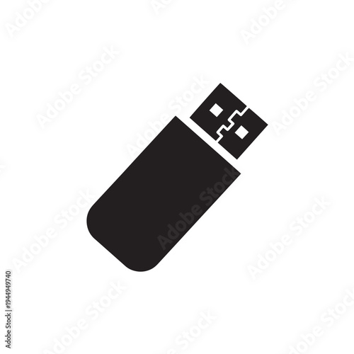 Solid Black USB Flash Drive Icon, Simple 2D Flat Logo, Minimal Silhouette Isolated on White Background