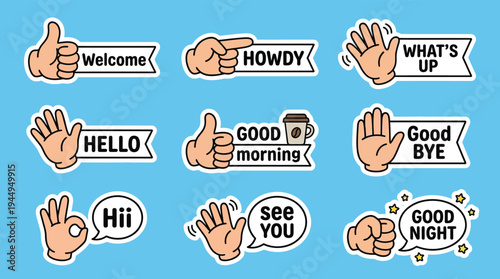 Cartoon Hand Gesture Vector Stickers with Greeting Typography