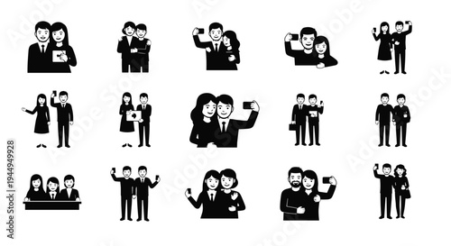 Fifteen black and white icons illustrate various groups of people taking selfies or posing for photos with smartphones against a uniform white background.