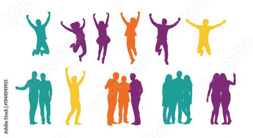 Ten colorful human silhouettes are depicted in various poses, with five jumping and five standing in groups against a plain white horizontal background.