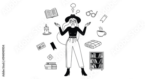 Vector illustration of a woman surrounded by floating objects and symbols