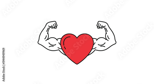 A vibrant red heart is positioned centrally, flanked by two muscular, flexing biceps rendered in bold black outlines against a white horizontal background.