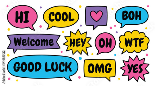 Colorful Hand Drawn Comic Speech Bubbles with Slang Text Vector