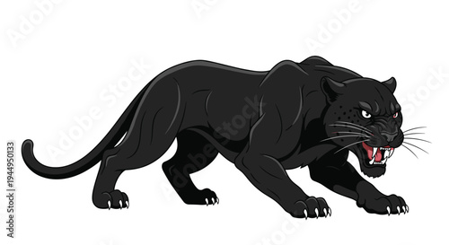 A ferocious black panther with bared teeth and an aggressive expression is depicted in a powerful, lunging pose.
