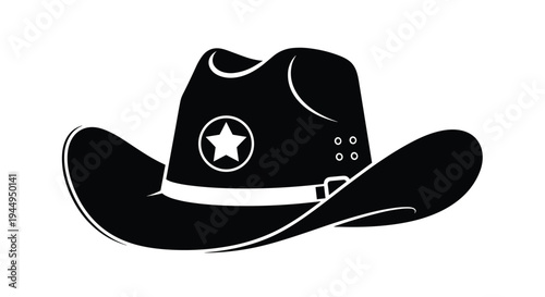 A classic black cowboy hat with a white star emblem and a detailed hatband is presented as a bold silhouette.