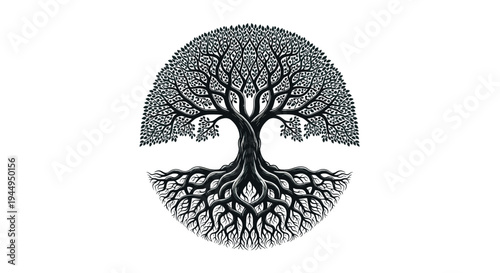 A monochrome, intricate circular illustration of a Tree of Life with a dense canopy and an elaborate root system forming a complete circle.