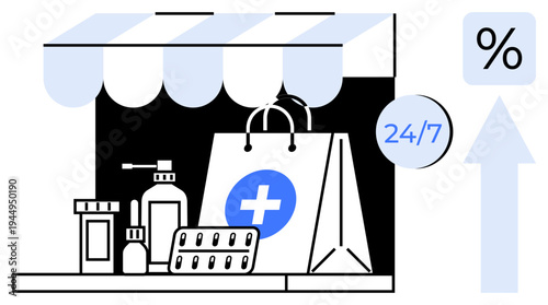 E-commerce, healthcare services, pharmacy delivery, digital medicine, medical retail, online shopping. Retail bag with medicines and healthcare symbols. E-commerce and healthcare services concept
