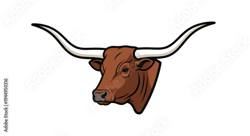 A stylized illustration of a brown longhorn bull's head with long curved horns is depicted facing slightly right against a clean white background.