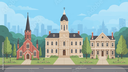 Historic buildings and church in suburban town with city skyline background