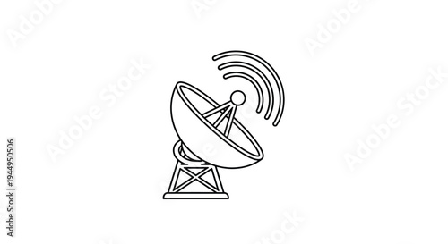 A simple black outline drawing of a satellite dish, complete with a signal emission graphic, is presented on a pure white background.