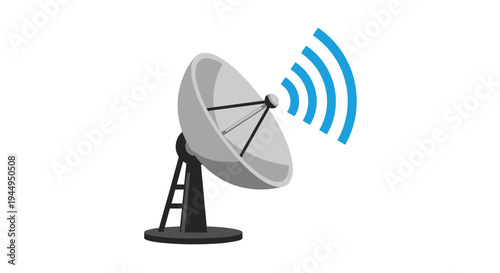 A modern grey satellite dish with a sturdy black base emits bright blue signal waves on a clean white background.