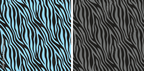 Zebra stripe seamless pattern set, blue and grey animal print vector background