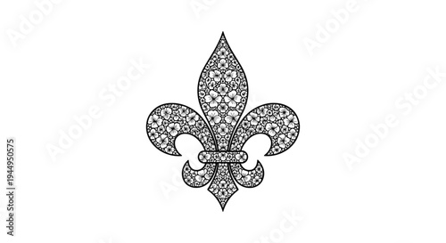 An ornate black and white fleur-de-lis symbol, intricately patterned with tiny flowers, is centered on a clean white background.