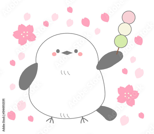 お団子を持つ可愛いシマエナガの手描きイラスト_桜の花_春