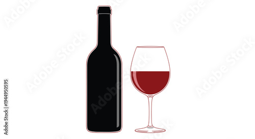 A dark black wine bottle stands next to a clear stemmed glass filled with rich red wine on a clean white background.