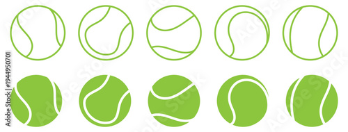 Tennis Ball Vector Line Icon Set – Dynamic and Minimalist Sports Icons. Tennis ball collection with static and motion versions for match, training, and game design.
