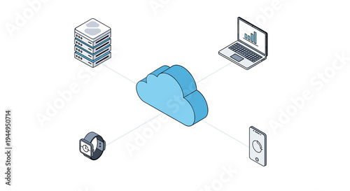 A simplified isometric illustration displays a central blue cloud icon connected to a server, laptop, smartphone, and smartwatch on a white background.