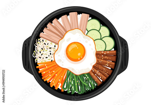 A mouthwatering overhead vector illustration of a traditional Korean bibimbap bowl featuring a golden sunny-side-up egg resting perfectly atop elegantly arranged rice, meats, cucumber, and vegetables