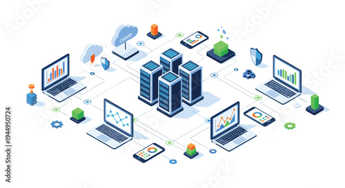 An isometric illustration shows a complex cloud computing network with server racks connected to various devices on a white background.