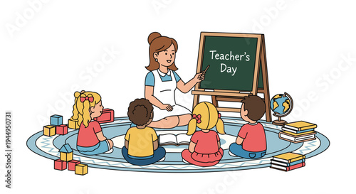 A female teacher is sitting on the floor, pointing at a green chalkboard to four attentive children on a blue rug.