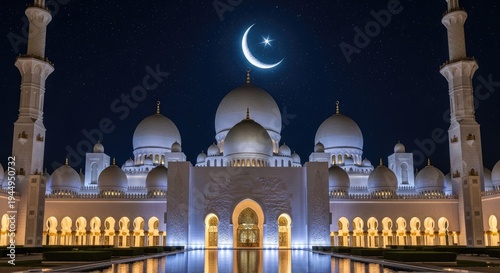 The Sheikh Zayed Grand Mosque glows brightly at night, illuminated against a dark blue sky filled with stars. A crescent moon and a single star are visible.