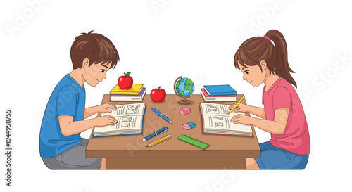 A boy and a girl are seated facing each other at a wooden desk, both drawing in open books with school supplies on a white background.