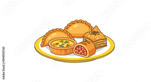 A yellow-rimmed white plate is laden with five distinct golden-brown pastries, including empanadas and a quiche, on a plain white surface.