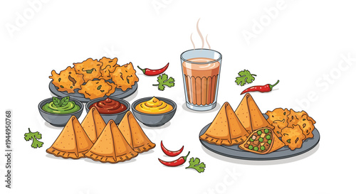 Two dark plates of golden samosas and pakoras are arranged with three colorful dipping sauces and a glass of chai on a white surface.