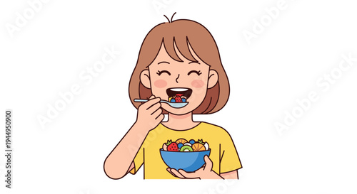 A happy young girl with short brown hair, wearing a yellow t-shirt, joyfully eats a bowl of colorful fruit salad with a spoon.