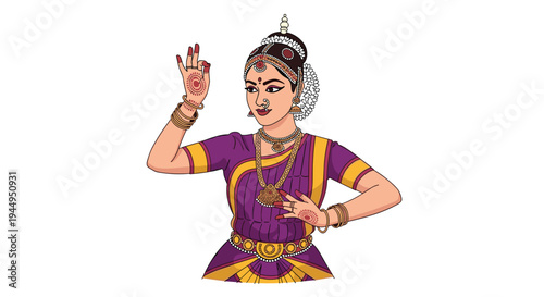 A beautiful Indian classical dancer, dressed in a purple and gold costume, performs a traditional mudra against a clean white background.