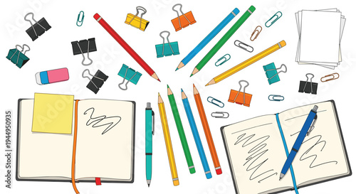 Various colorful stationery items, including pencils, pens, clips, and two open notebooks, are scattered across a clean white background.
