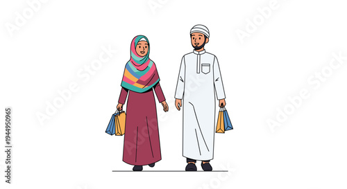 A smiling Arab couple, dressed in traditional attire, walks together, each carrying a shopping bag, depicted against a plain white background.