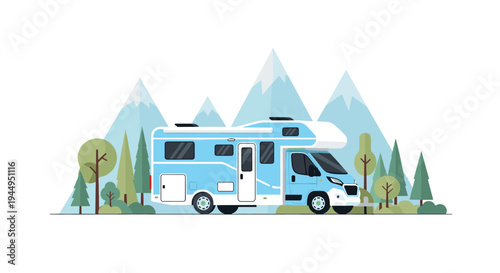 A light blue and white recreational vehicle is parked on a green ground line with stylized blue mountains and green trees in the background.