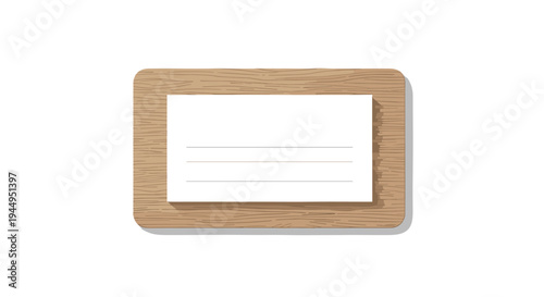 A blank white card with three lines is centered on a rounded wooden plaque with a subtle shadow on a clean white background.