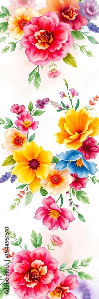 Fototapeta premium Vibrant floral wreath on a watercolor background with soft brushstrokes, stems, petals