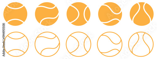 Tennis Ball Vector Line Icon Set – Dynamic and Minimalist Sports Icons. Tennis ball collection with static and motion versions for match, training, and game design.