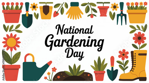 National gardening day illustration with colorful flowers tools and potted plants on white background