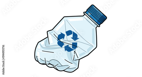 A crushed and crumpled transparent plastic bottle, featuring a blue recycling symbol and a blue cap, lies horizontally on a white background.