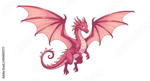 A vibrant pink dragon with large outstretched wings is dynamically depicted in a powerful flying pose against a stark white background.