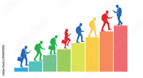 A diverse group of seven multi-colored individual silhouettes are depicted ascending a progressively taller, rainbow-colored stepped bar graph against a clean white background.