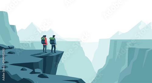 Two hikers with backpacks stand on a rugged, dark grey cliff edge, gazing into a vast, misty canyon with towering rock formations.