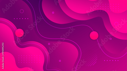 Vibrant pink and purple liquid wave background with mesh gradients and abstract geometric circles for creative layouts