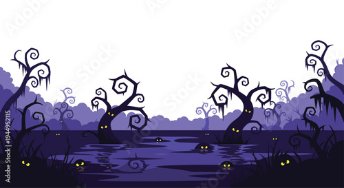 A spooky, dark swamp scene at night, filled with gnarled, leafless trees and glowing yellow eyes from murky purple water.