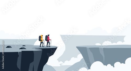 Two adventurous hikers with backpacks and trekking poles stand on a dark cliff edge, looking across a wide chasm filled with soft grey clouds.