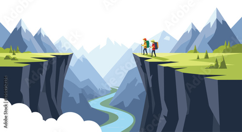 Two hikers with backpacks and trekking poles stand on a green cliff edge, overlooking a deep valley with a winding river and distant mountains.